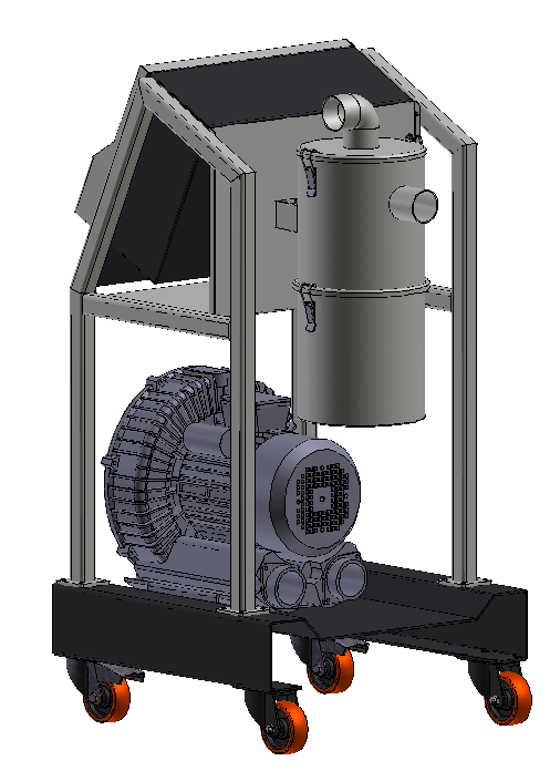 Rear view of a mobile blower station showing its blower and dust collector